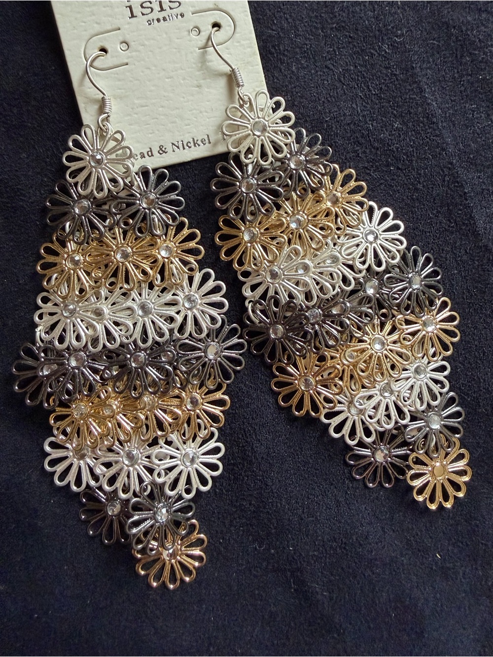 Layered Sunflower Dangle Earrings 4” Gold Silver Mixed Metal Floral Statement - Picture 2 of 4